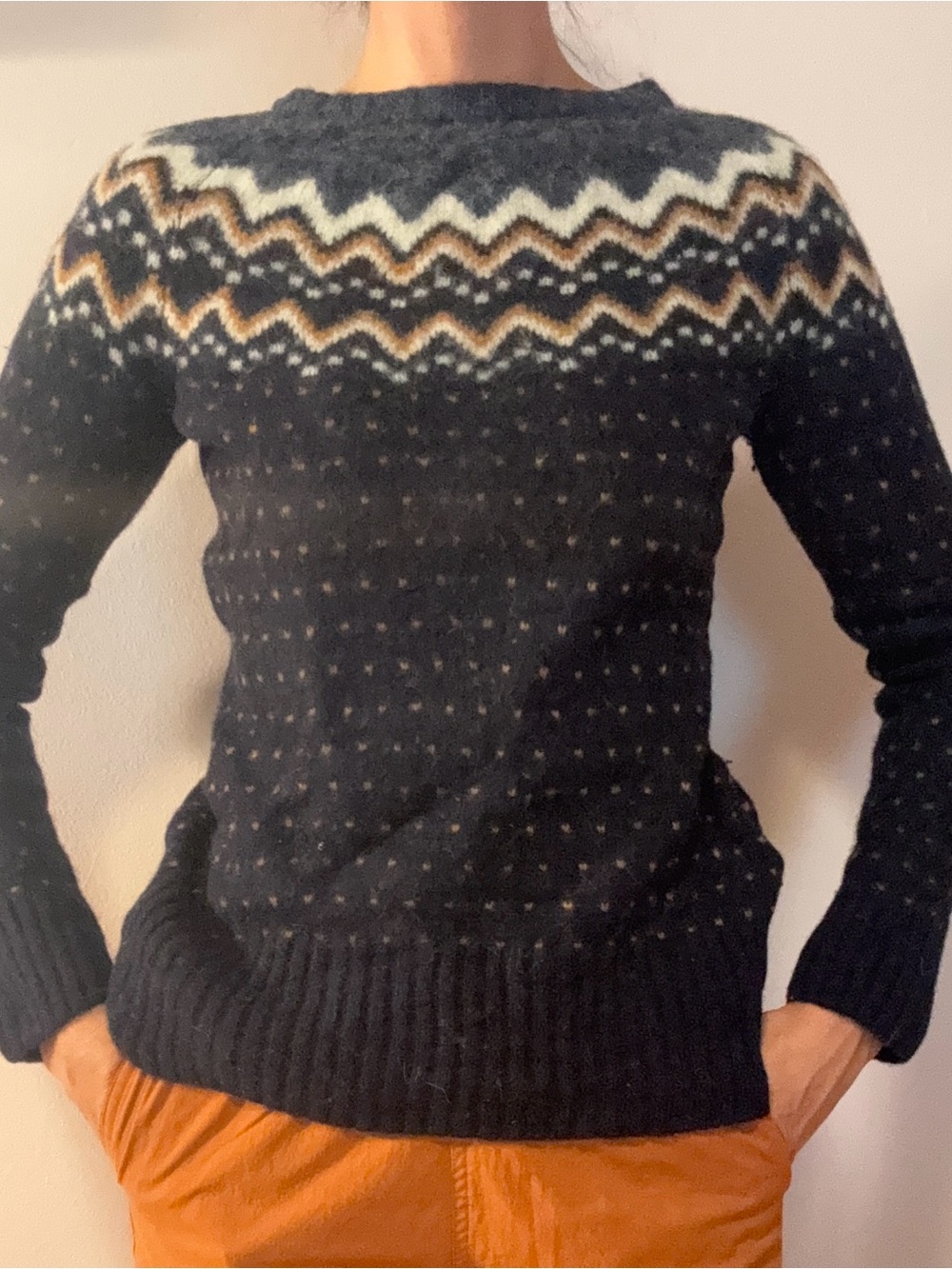 Fjallraven Navy Ovik Knit Fair Isle Crewneck Sweater with Cream & Tan Yoke